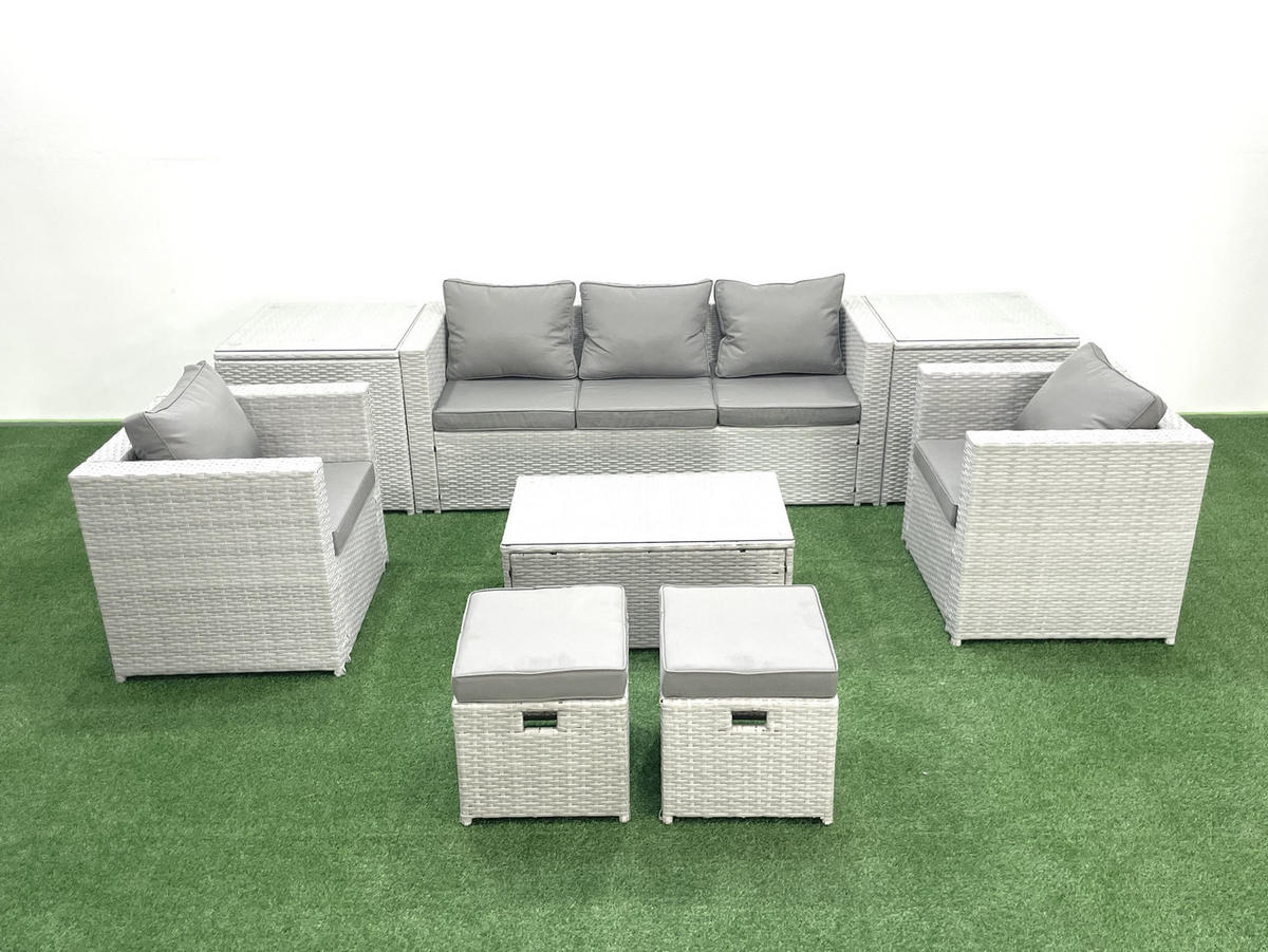 GARTENMÖBELSET mit 3-SITZER SOFA,COUCHTISCH Polyrattan Hellgrau-Mix 7-Sitzer - Hellgrau/Grau, Glas/Kunststoff - Fimous