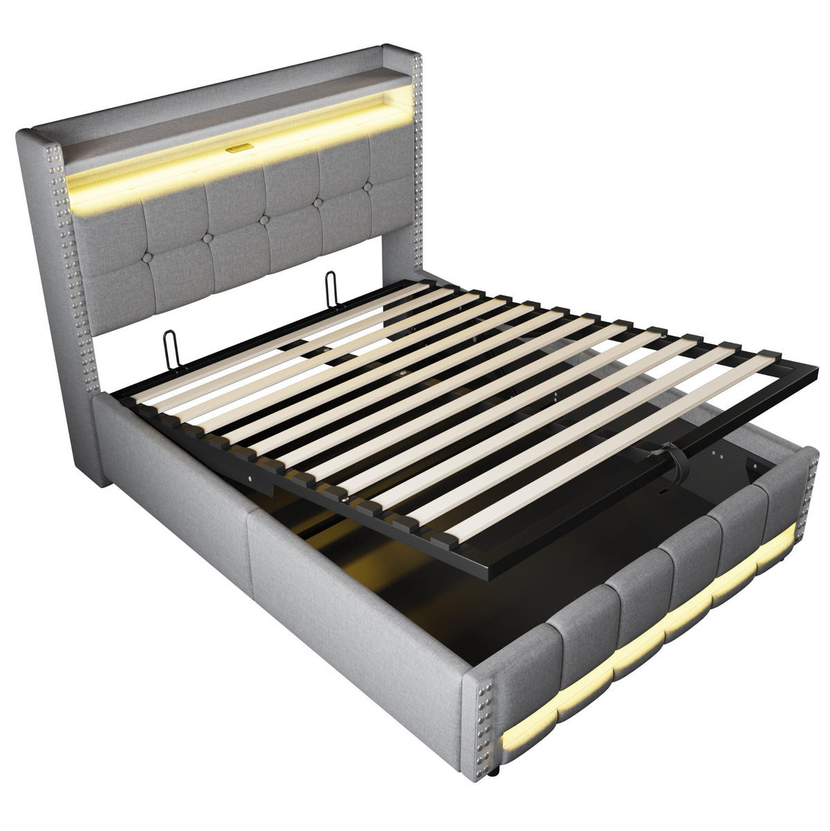 POLSTERBETT 140/200 cm Hellgrau mit LED-Beleuchtung und USB-Steckdose - Hellgrau, Textil (140/200cm) - OKWISH