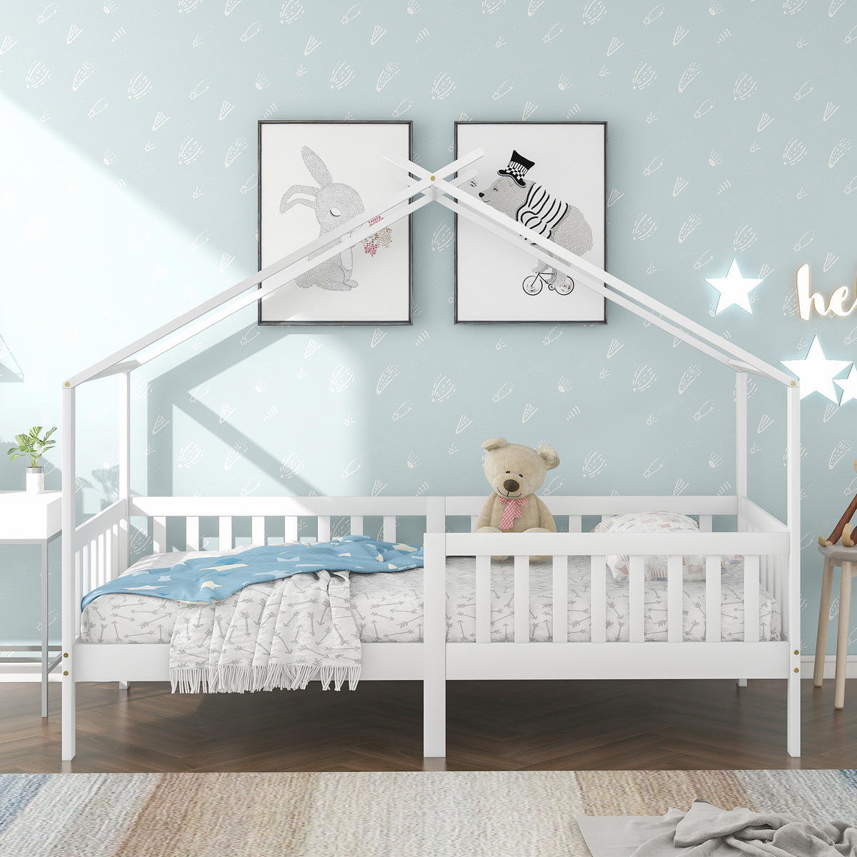 HAUSBETT 90/200 cm Weiß aus Massivholz mit Sicherheitspodest und Lattenrost - Weiß, Holz (90/200cm) - OKWISH