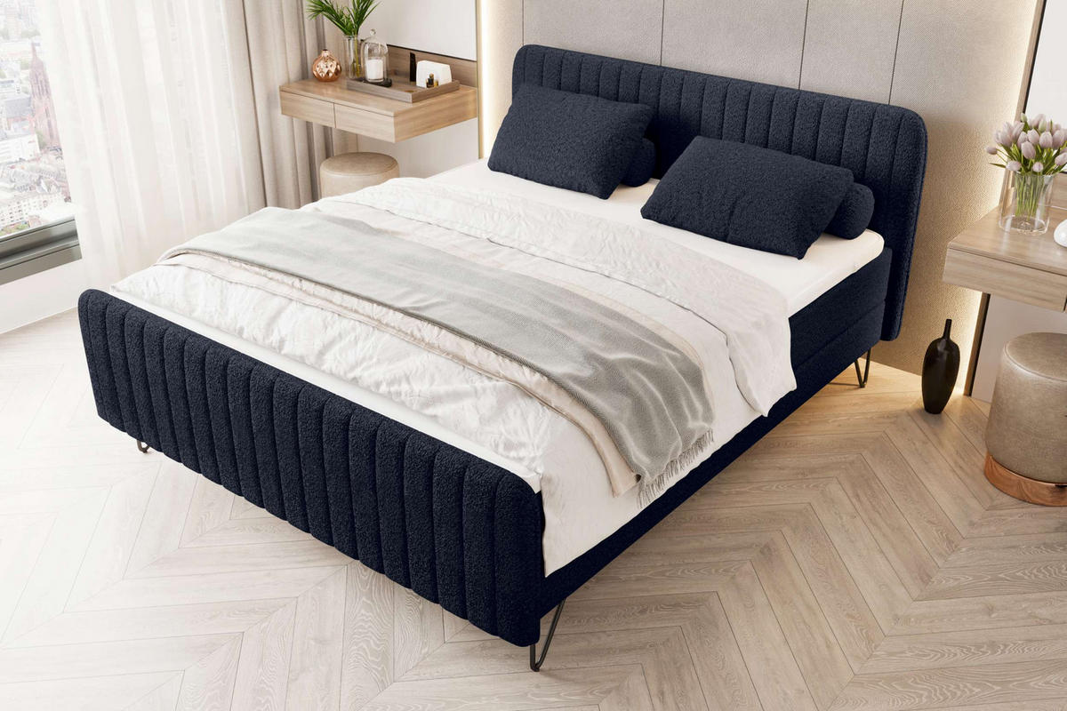 BOXSPRINGBETT LUCIO Bouclé-Stoff Dunkelblau 180/200 cm - Schwarz/Dunkelblau, Textil/Metall (180/200cm) - 99rooms