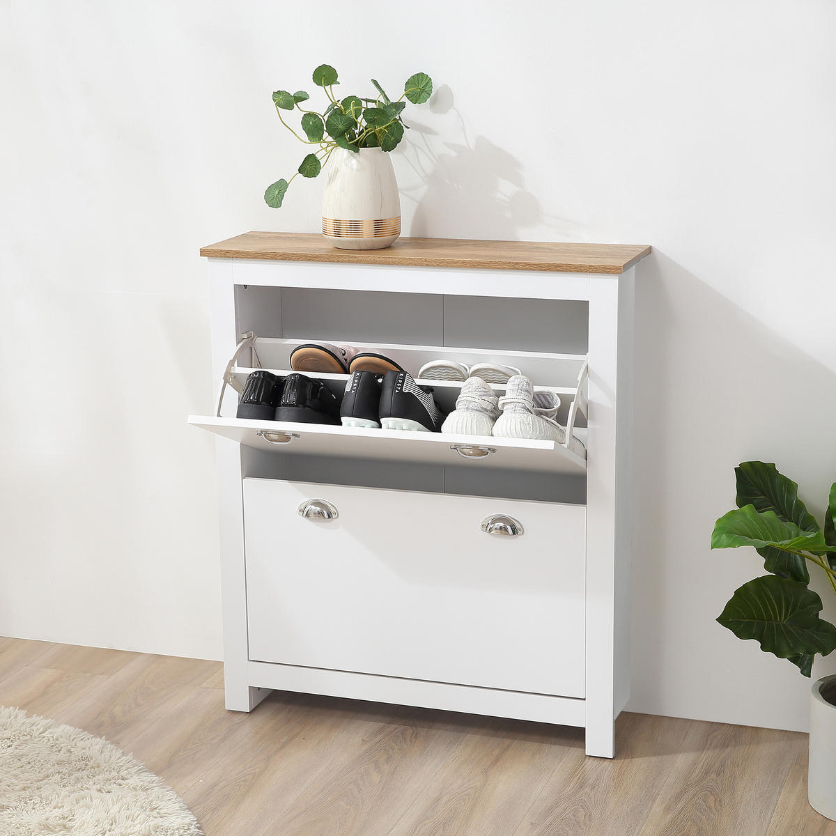 SCHUHABLAGE,2 Klappschubladen verstellbarer Boden für 12 Paar 79x23x90,5cm,weiß - Weiß, Holzwerkstoff (79/90.5/23cm) - Vallsero