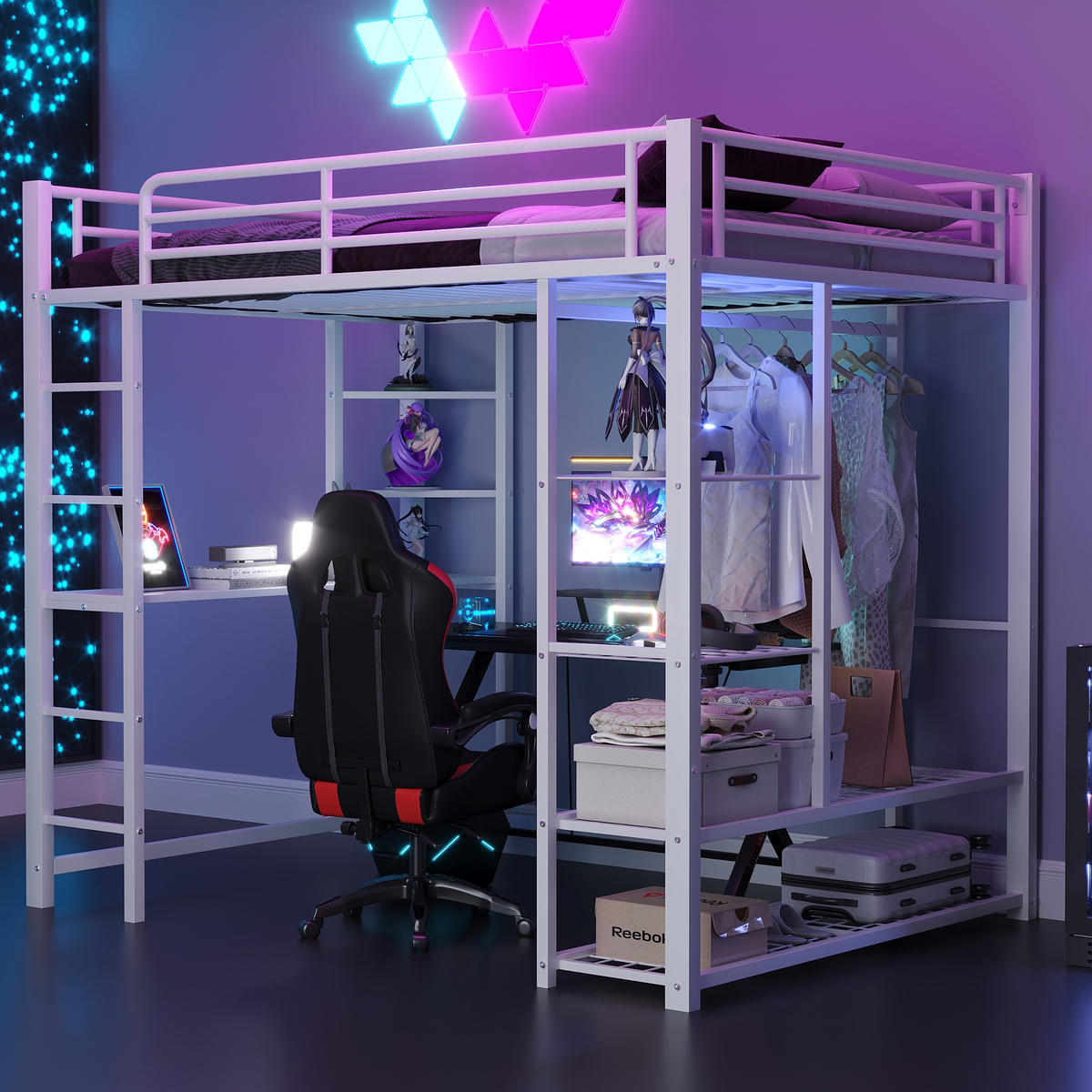 HOCHBETT 140/200 cm weiß aus Metall mit Schreibtisch und Kleiderstange - Weiß, Metall (140/200cm) - OKWISH