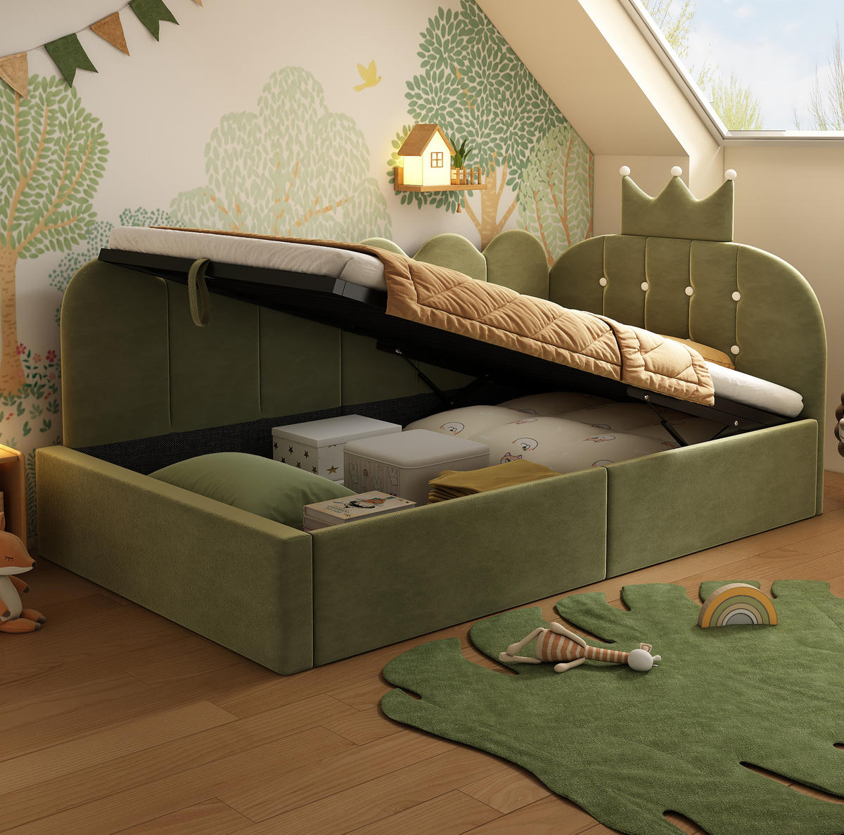 DENNÍ postel 90/200 cm zelená ze sametu s úložným prostorem a korunkovým čelem - zelená barva, kompozitní dřevo (90/200cm) - OKWISH
