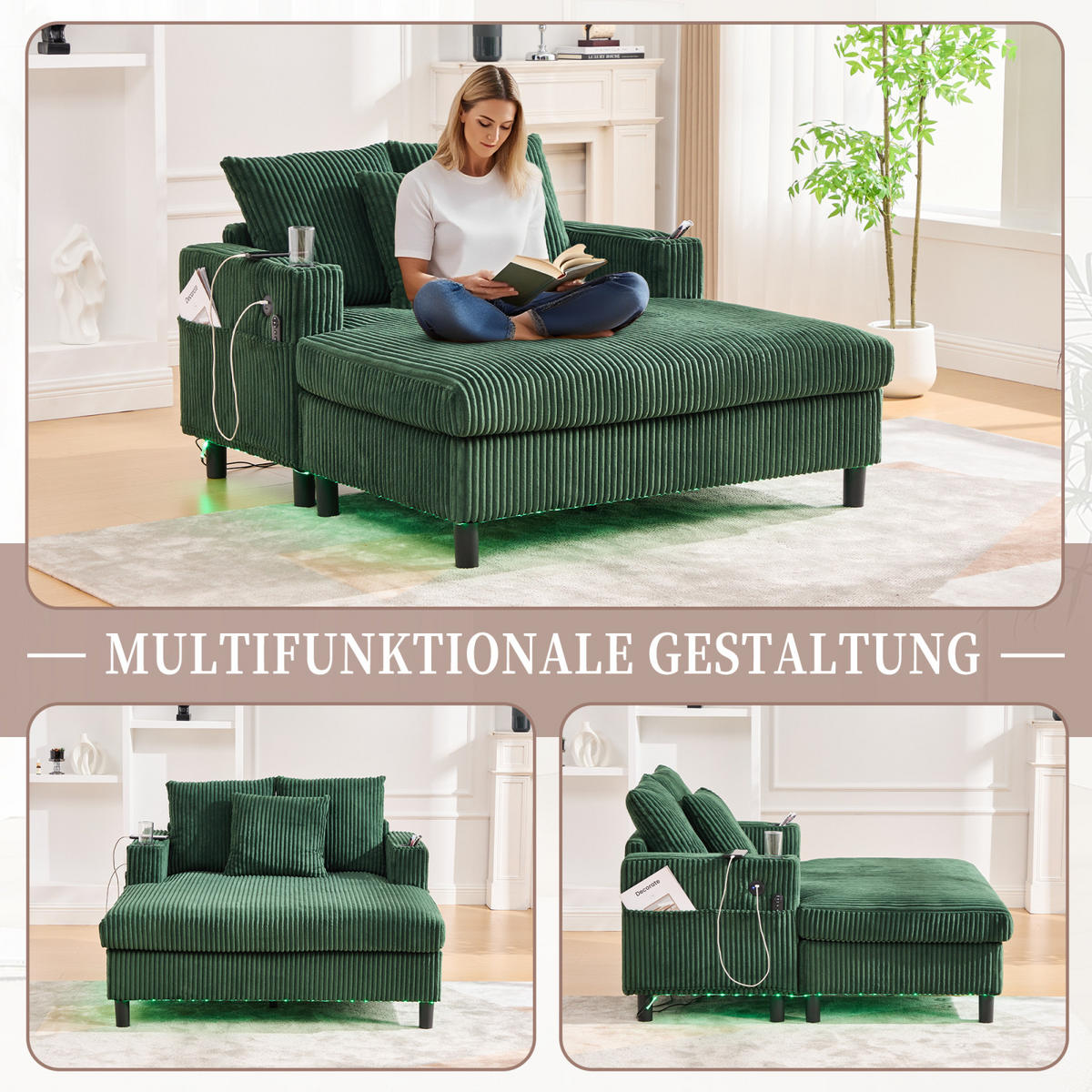 SCHLAFSOFA,SCHLAFSESSEL,SCHLAFCOUCH Grün, Cordbezug mit Beleuchtung&USB und Getränkehalter - Grün, Textil (142/85/128cm) - PARAFTA HOME