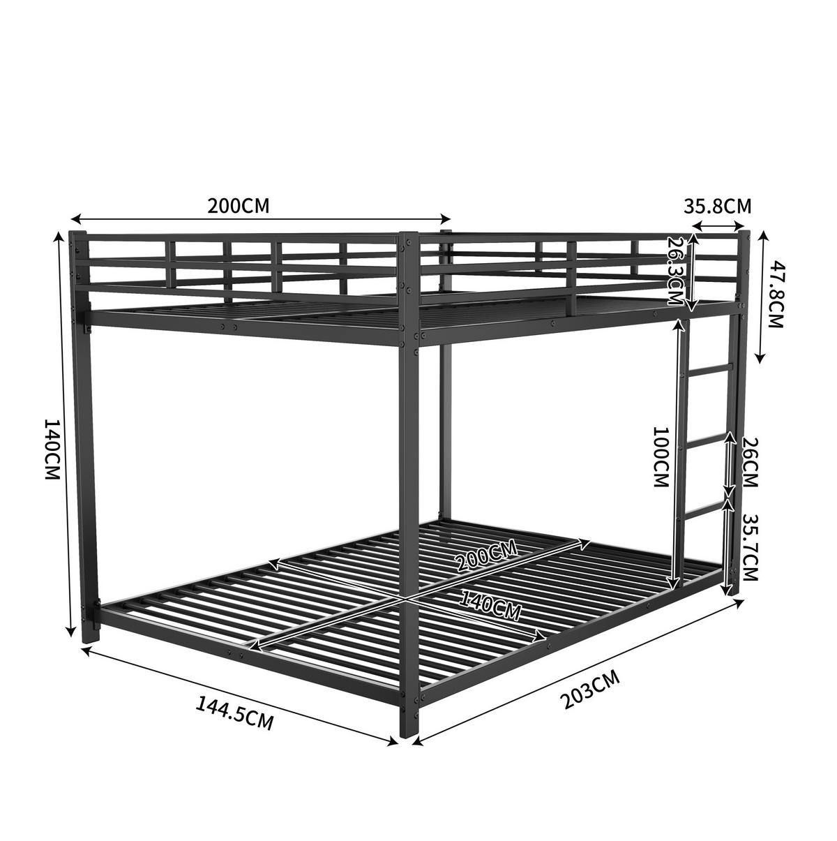 ETAGENBETT 140/200 cm aus Metall mit Sicherheitsleisten und Lattenrosten, platzsparend, Schwarz - Schwarz, Metall (140/200cm) - Redom