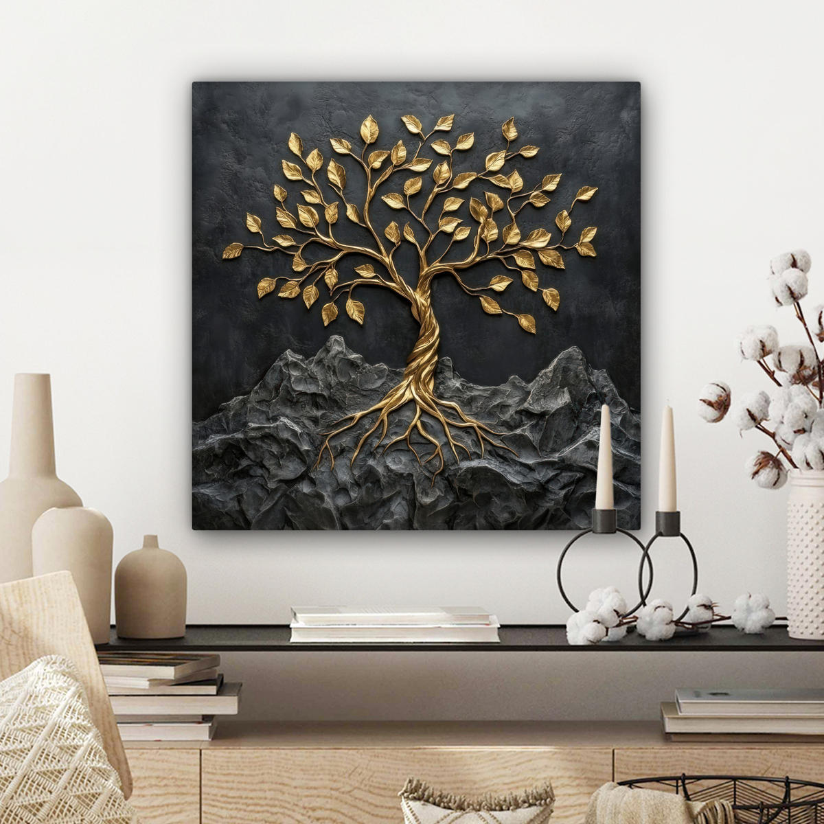 LEINWANDBILD Blätter - Gold - Baum - Fels Wandbild Wohnzimmer 50x50 cm - Schwarz, Textil (50/50cm) - MuchoWow