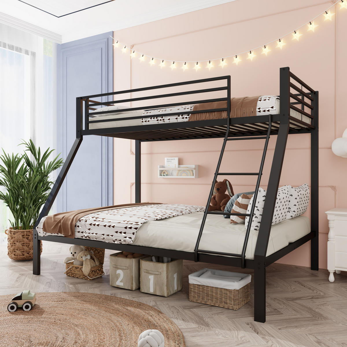 ETAGENBETT aus Metall 90/140x200 cm Schwarz mit beidseitig montierbarer Leiter - Schwarz, Metall (140/200cm) - Modfu