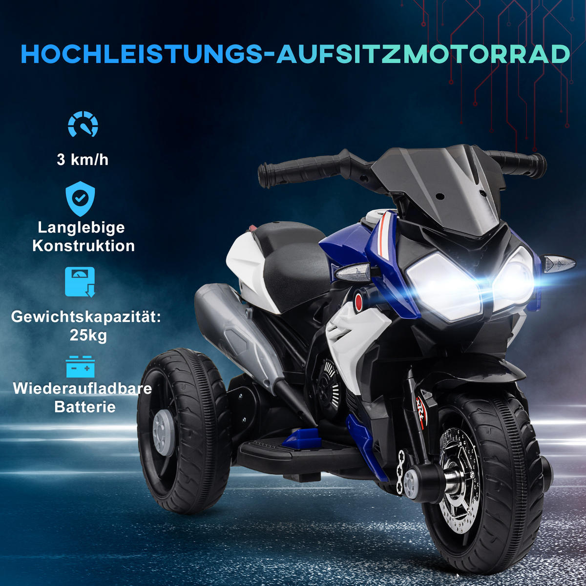 KINDER-ELEKTROMOTORRAD mit Musik, 3 km/h, für 3-5 Jahre Kinder - Blau, Metall (86/42/52cm) - HOMCOM