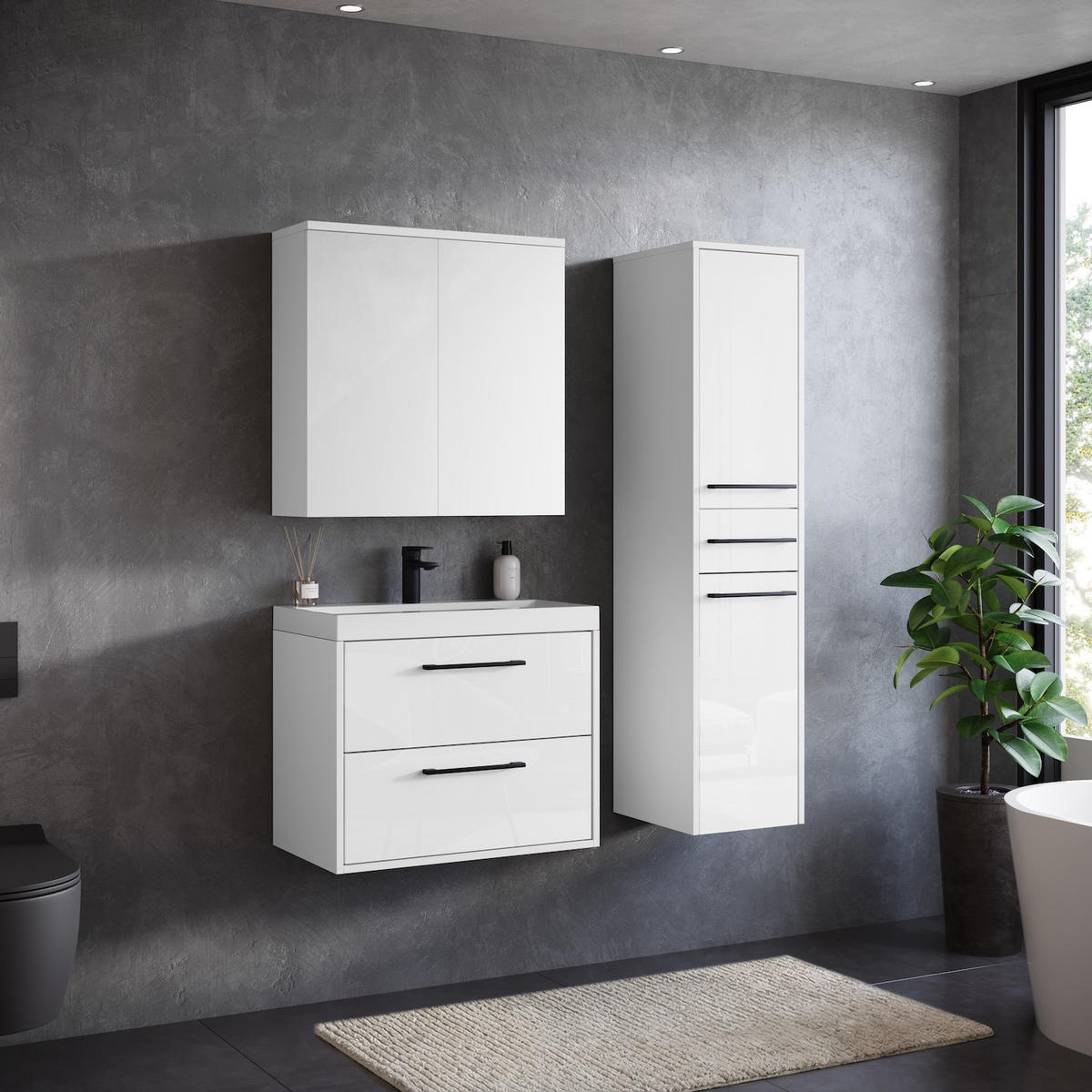 BADEZIMMERSCHRANK Florence mit 2 Türen Weiß Hochglanz - 30 x 35 x 130 cm - Weiß, Holz (30/130/35cm) - Badplaats