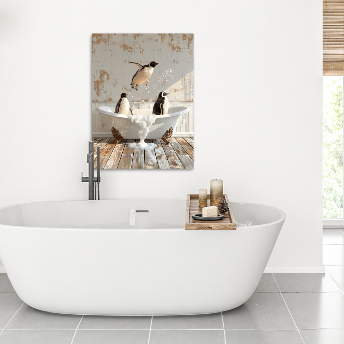 LEINWANDBILD Vintage - Pinguin - Badewanne - Schaumstoff 60x80 cm - Schwarz, Textil (60/80cm) - MuchoWow