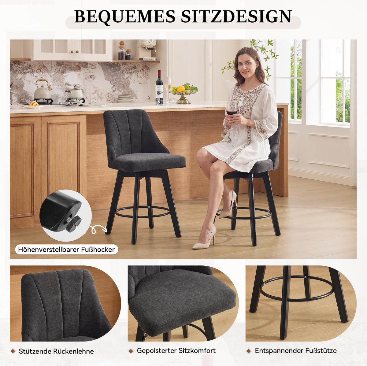 BARHOCKER drehbar mit Rückenlehne 53 x 53,5 x 94,5 cm Grau 2er-Set - Grau, Metall (53/94.5/53.5cm) - Meubliv