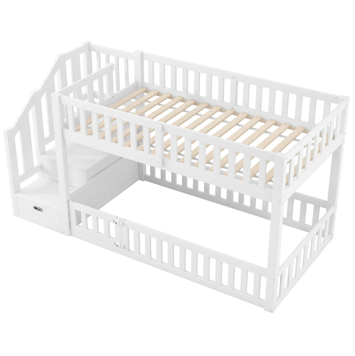 ETAGENBETT 90/200 cm aus Kiefer und MDF mit Leiter, Stauraum und Schutzgitter, Weiß - Weiß, Holzwerkstoff (90/200cm) - Redom