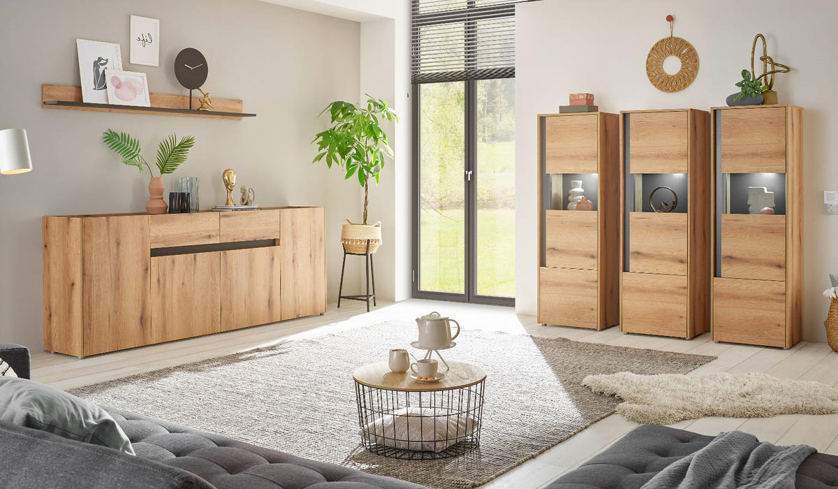 SCHRANK-SET 3-teilig Evoke Eiche, grau, Wohnkombination mit 3 x Vitrine - Eichefarben/Grau, Holz/Holzwerkstoff (190/155/40cm) - Furn.Design