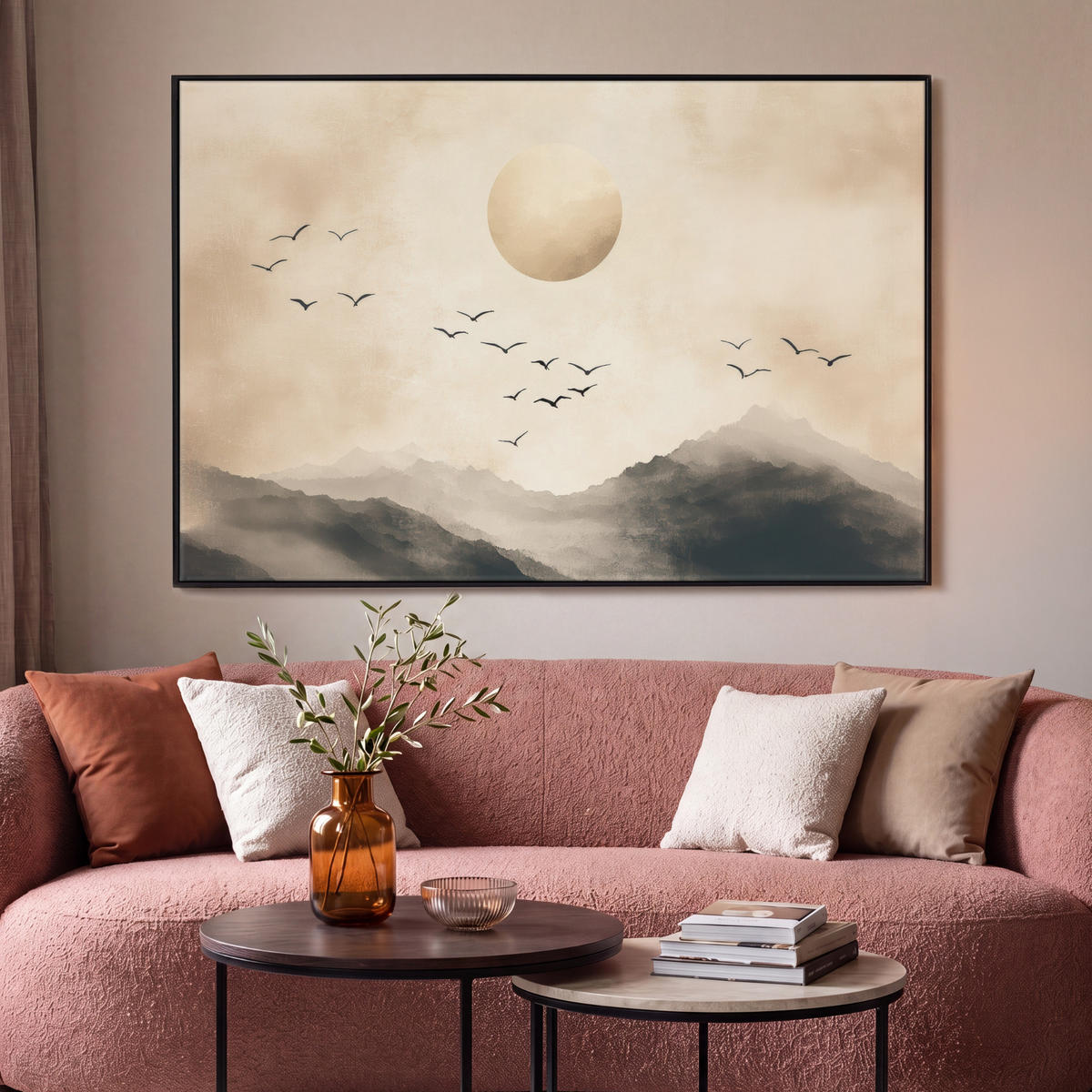 LEINWAND Bilder mit Rahmen - Landschaft - Japandi - Vogel - 140x90 - Beige, Textil (140/90cm) - MuchoWow