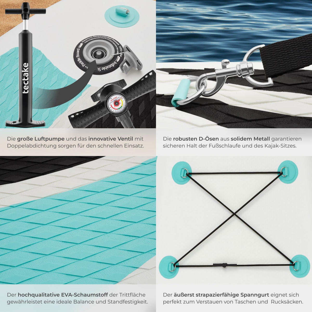 STAND-UP PADDLE BOARD Zenon, Belastbarkeit 200 kg, inklusive Kajak-Sitz, weiß/türkis - Weiß, Kunststoff (288/77/0.23cm) - tectake