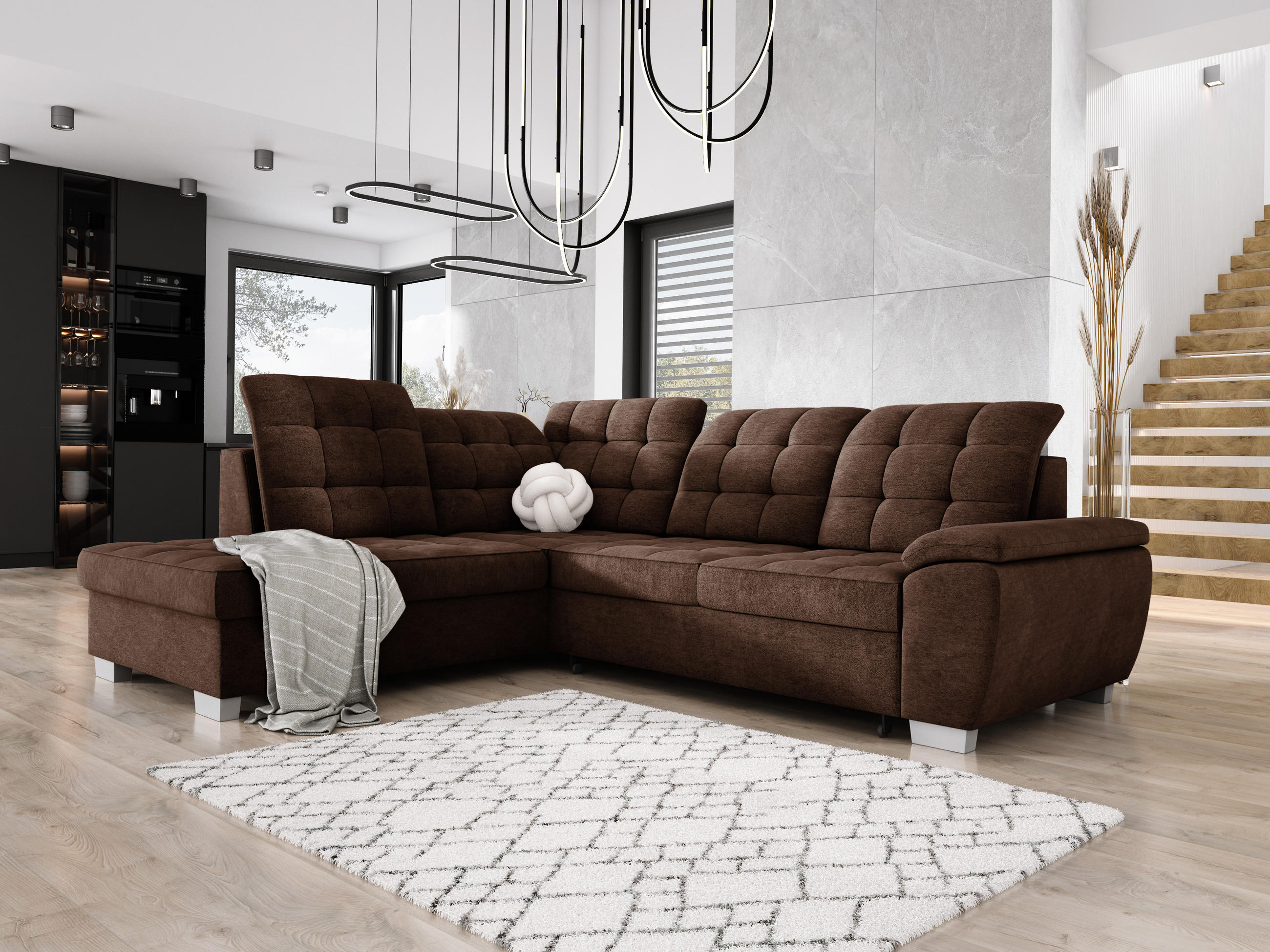 ECKSOFA LOTTA L-förmig Bettkasten verstellbare Kopfstützen hochwertige Verarbeitung lose Rückenkissen freistehend LINKS 212x258x106 cm Brown - Braun, Holz/Textil (212/258cm) - DomoHome
