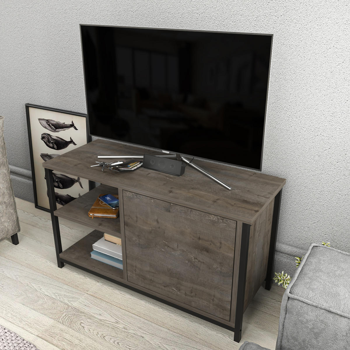 TV Unit Muskegon Weiß - Dunkelbraun, Holzwerkstoff (90/51/36cm) - Decorotika