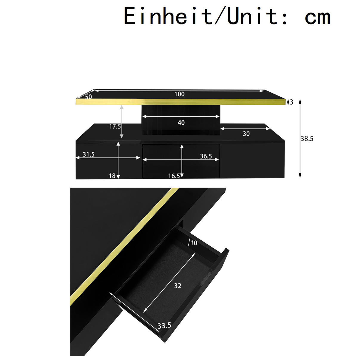 COUCHTISCH, Hochglanz Schwarz mit 2 Ebenen und integrierter Schublade, platzsparendes Design, 100/50/39 cm，Schwarz - Schwarz, Holzwerkstoff (100/50/39cm) - Redom