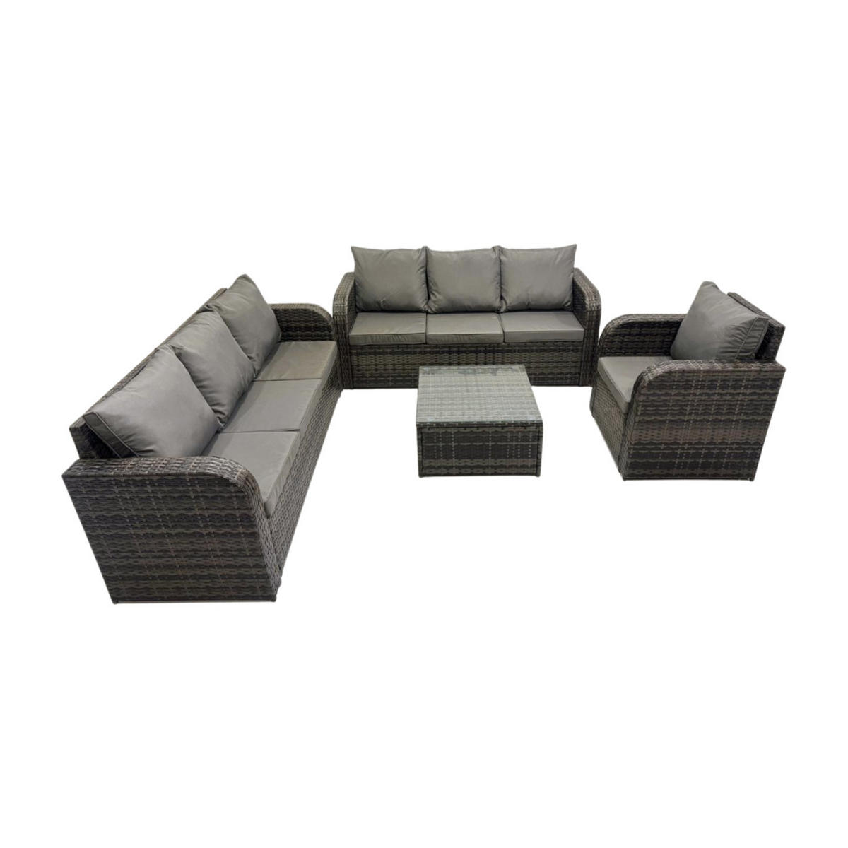 GARTENMÖBEL SET mit 3-SITZER SOFA Polyrattan Dunkelgrau 7-Sitzer - Dunkelgrau/Grau, Glas/Kunststoff - Fimous