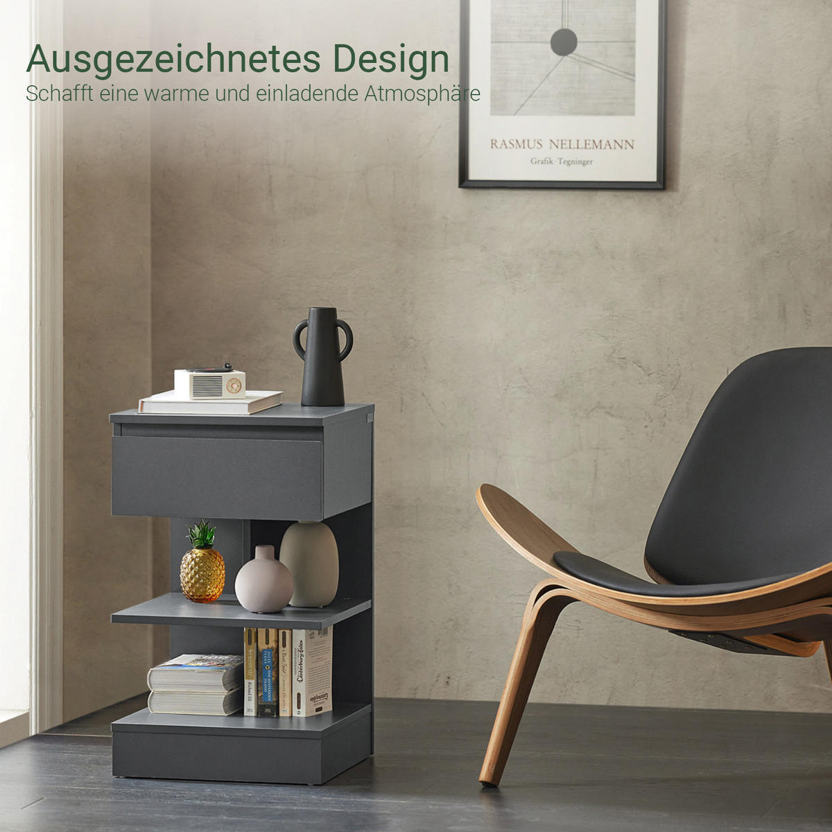 NACHTTISCH Grau - Hellgrau, Holzwerkstoff (39/39/65cm) - SoBuy