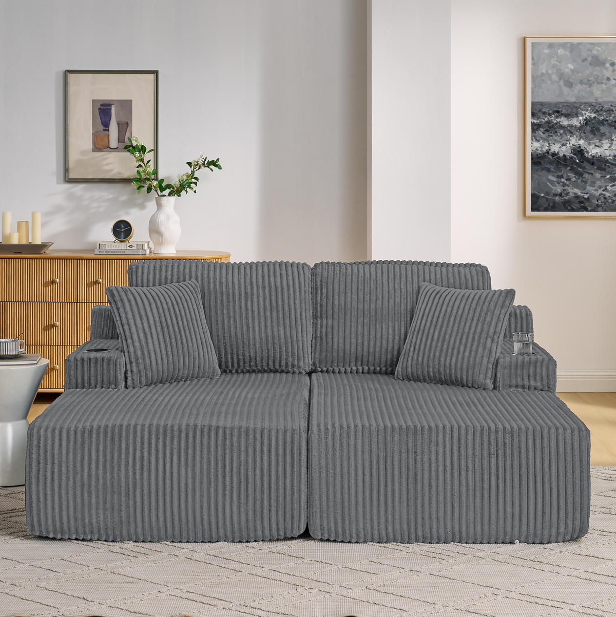 SCHLAFSOFA aus Kordstoff und Schaumstoff Grau mit Getränkehalter, Seitentasche und abnehmbaren Kissen - Grau, Kunststoff (186/78/154cm) - Modfu