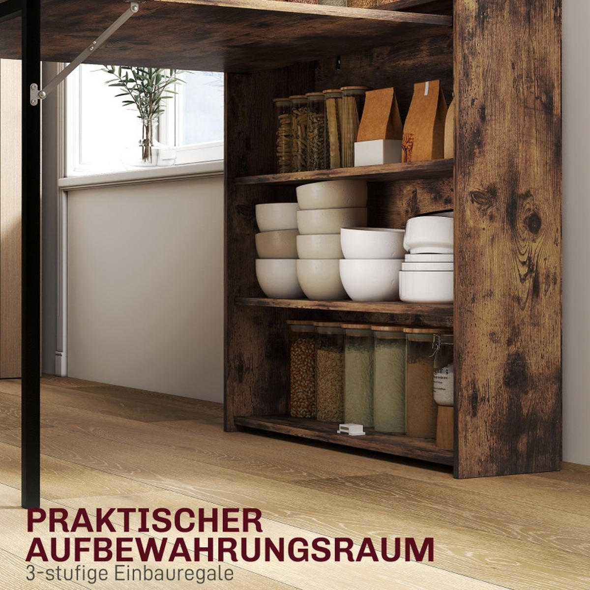ESSTISCH 80/90/93 cm Rustic Brown klappbar mit 3 Regalen aus Holz - Braun, Holz (90/80/93cm) - OKWISH