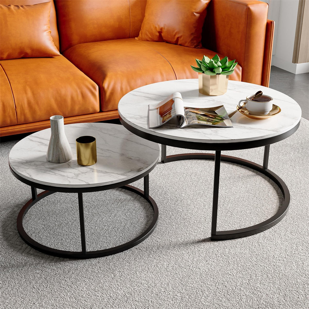 COUCHTISCH 2er-Set - Runder Beistelltisch in Marmoroptik Weiß mit Metallgestell - Schwarz - Schwarz, Holzwerkstoff (80/80/45cm) - DELFA