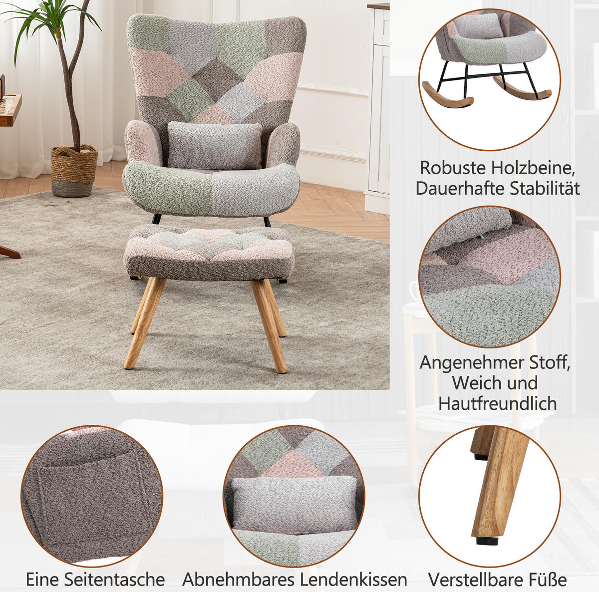 HOUPACÍ židle 93 cm barevné, sametové, s podnožkou a bederním polštářem - různobarevná, textil (83/91/68cm) - BEAOK