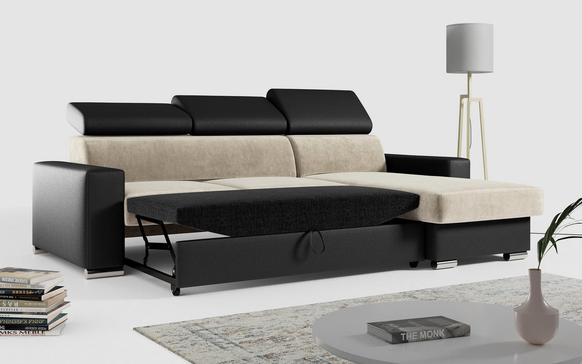 ECKSOFA FOX-L Beige/Schwarz - Beige/Silberfarben, Kunststoff/Textil (242/168cm) - MKS