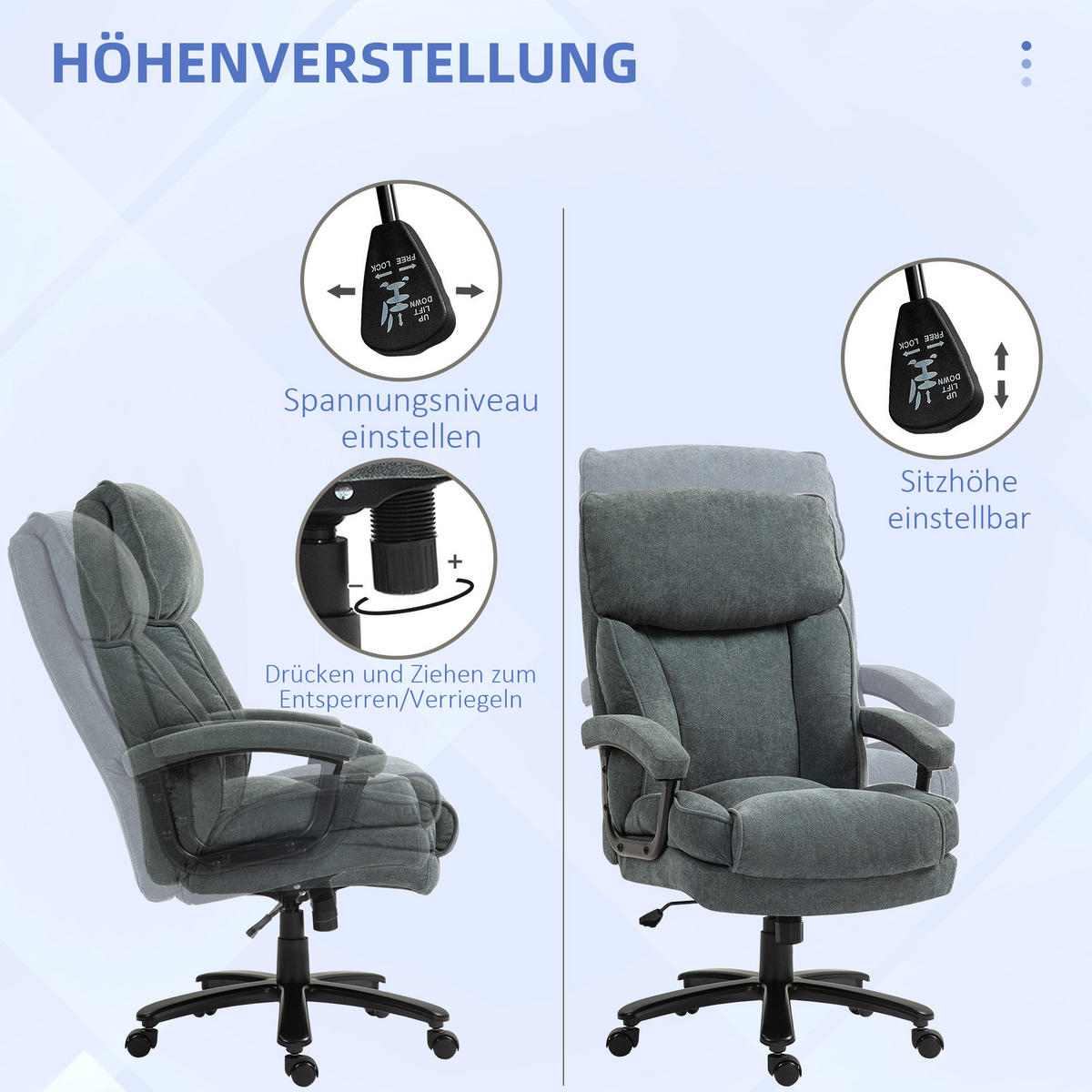BÜROSTUHL, Ergonomisch Schreibtischstuhl mit Wippfunktion, Leinenoptik, Grau - Grau, Textil (79/125/68.5cm) - HOMCOM
