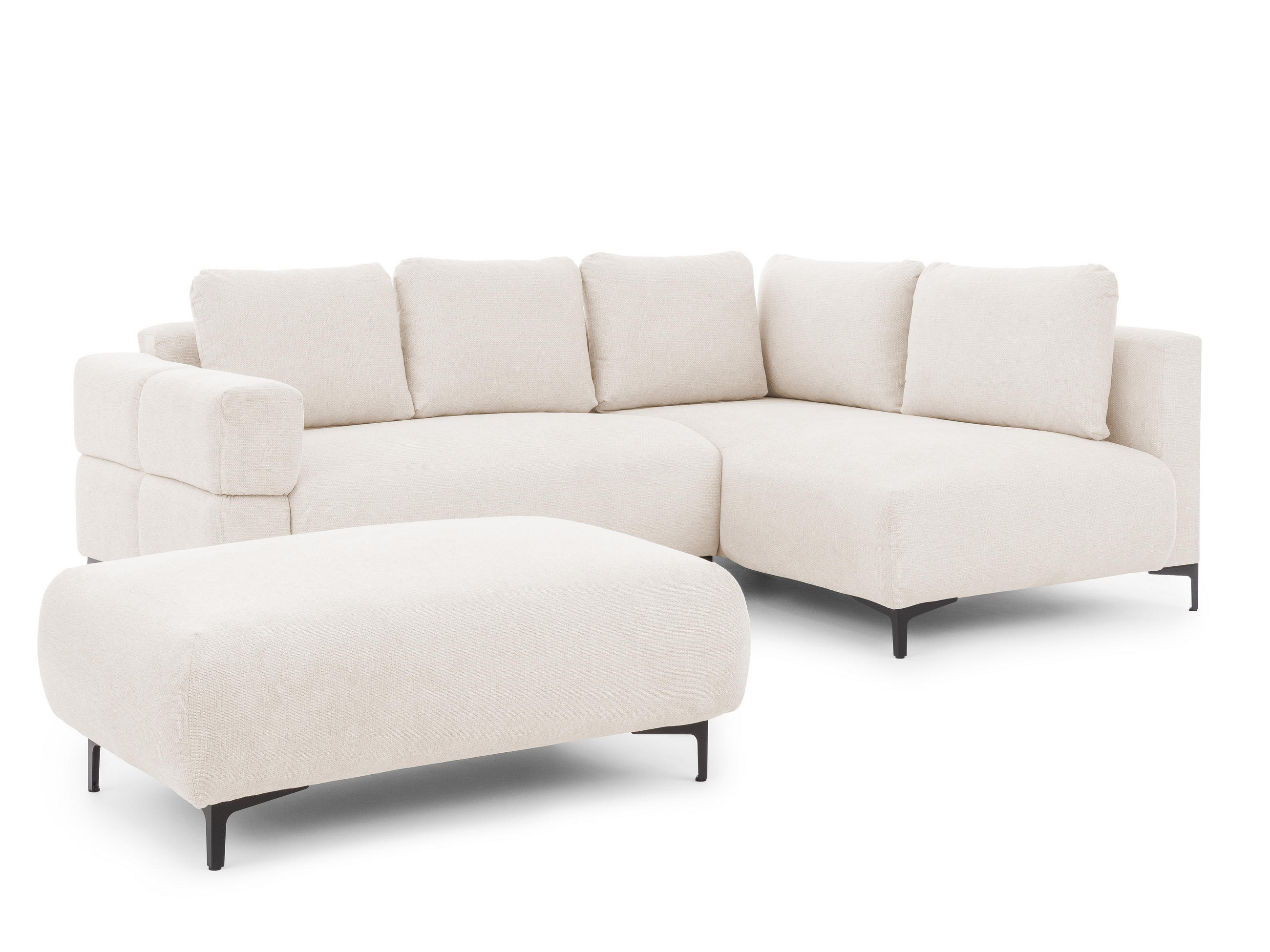 ECKSOFA inkl. Hocker Cardea mit Schlaffunktion in Bubble-Optik aus weichem Creme Strukturstoff und hohem Sitzkomfort - Ottomane rechts - Creme/Schwarz, Holz/Textil (230/170cm) - S-Style Möbel