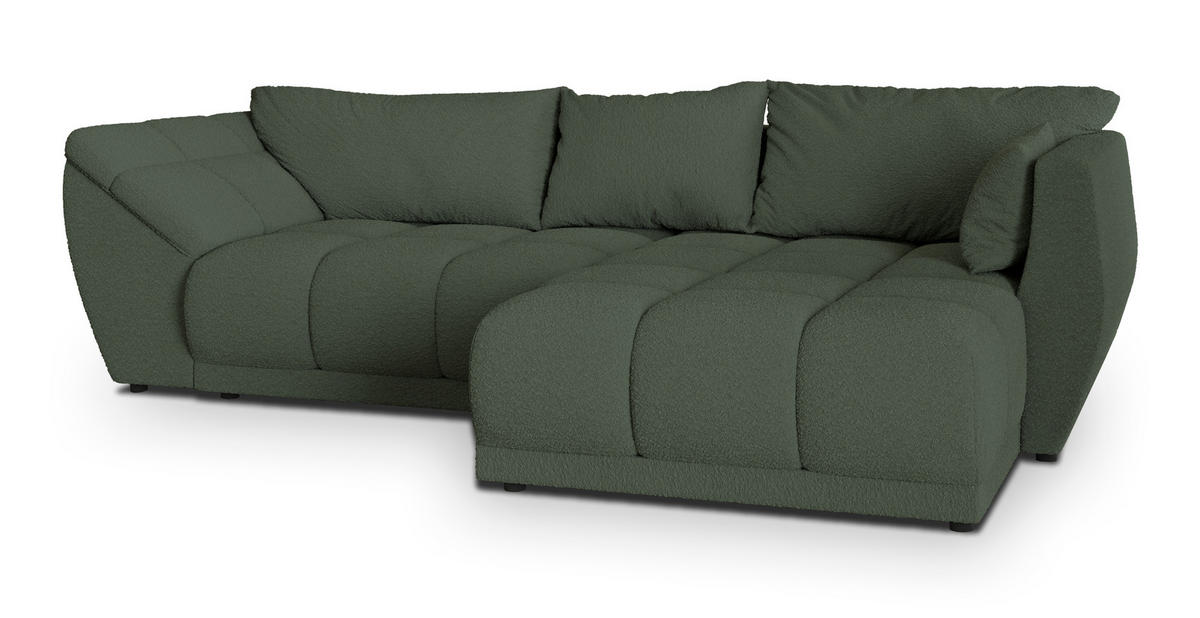 ECKSOFA ORENTI R-S Grün Boucle-Stoff mit Schlaffunktion - Grün, Holz (287/182cm) - MASSENO
