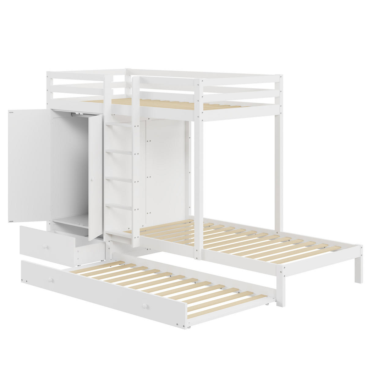 ETAGENBETT 90/200 cm aus Massivholz mit Ausziehbett und Kleiderschrank - Weiß, Holz (90/200cm) - OKWISH