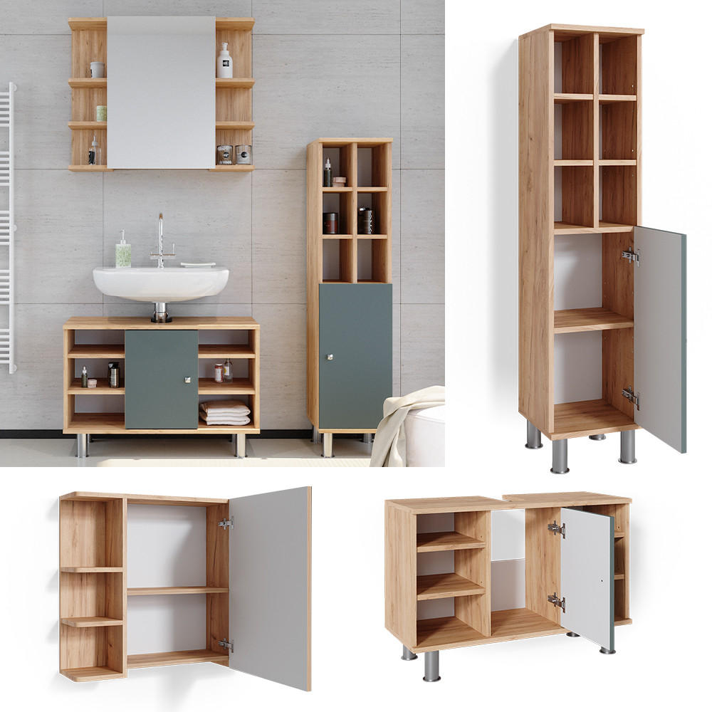BADMÖBEL-SET Fynn Grün 3 Teile, mit Midischrank Tür groß - Honigeiche/Grün, Holzwerkstoff (60/54/32cm) - Vicco