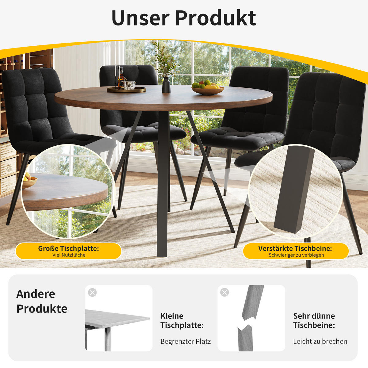 80/75/80 cm Walnussfarben/Schwarz aus MDF und Metall - Walnussfarben/Schwarz, Holzwerkstoff (80/80/75cm) - OKMYHOME