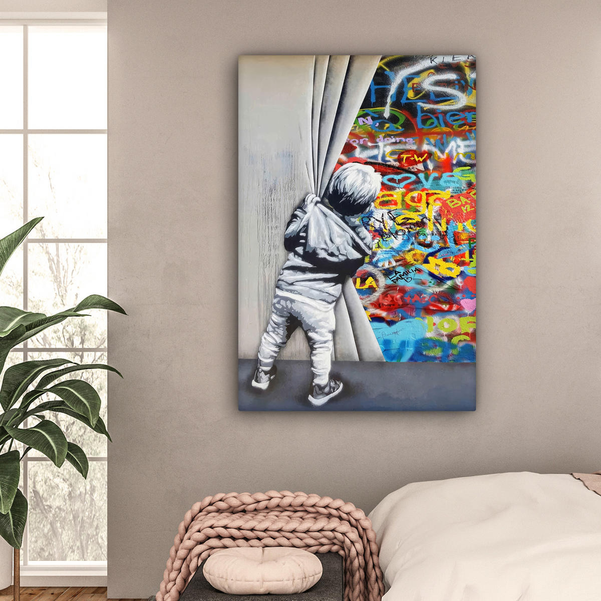 LEINWANDBILD Graffiti - Junge - Ilussie - Straßenkunst 90x140 cm - Hellgrau, Textil (90/140cm) - MuchoWow