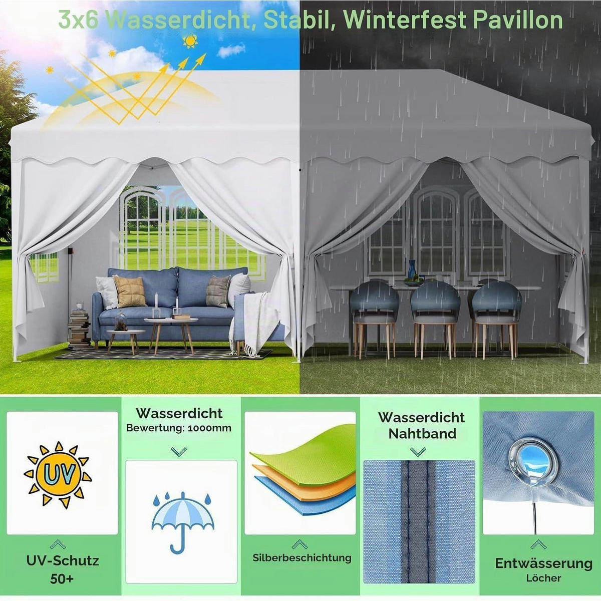 PAVILLON 3x6 m Wasserdicht Höhenverstellbar mit 6 Seitenteilen Weiß - Weiß, Textil (300/270/600cm)
