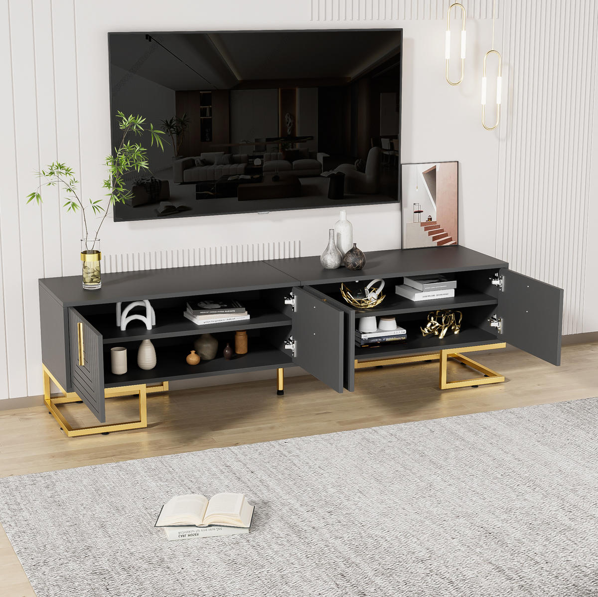 TV-LOWBOARD aus Spanplatte 170x40x45,5 cm Grauschwarz mit 4 Türen, goldfarbenen Metallfüßen und verstellbaren Füßen - Grau, Holzwerkstoff (170/45.5/40cm) - Modfu