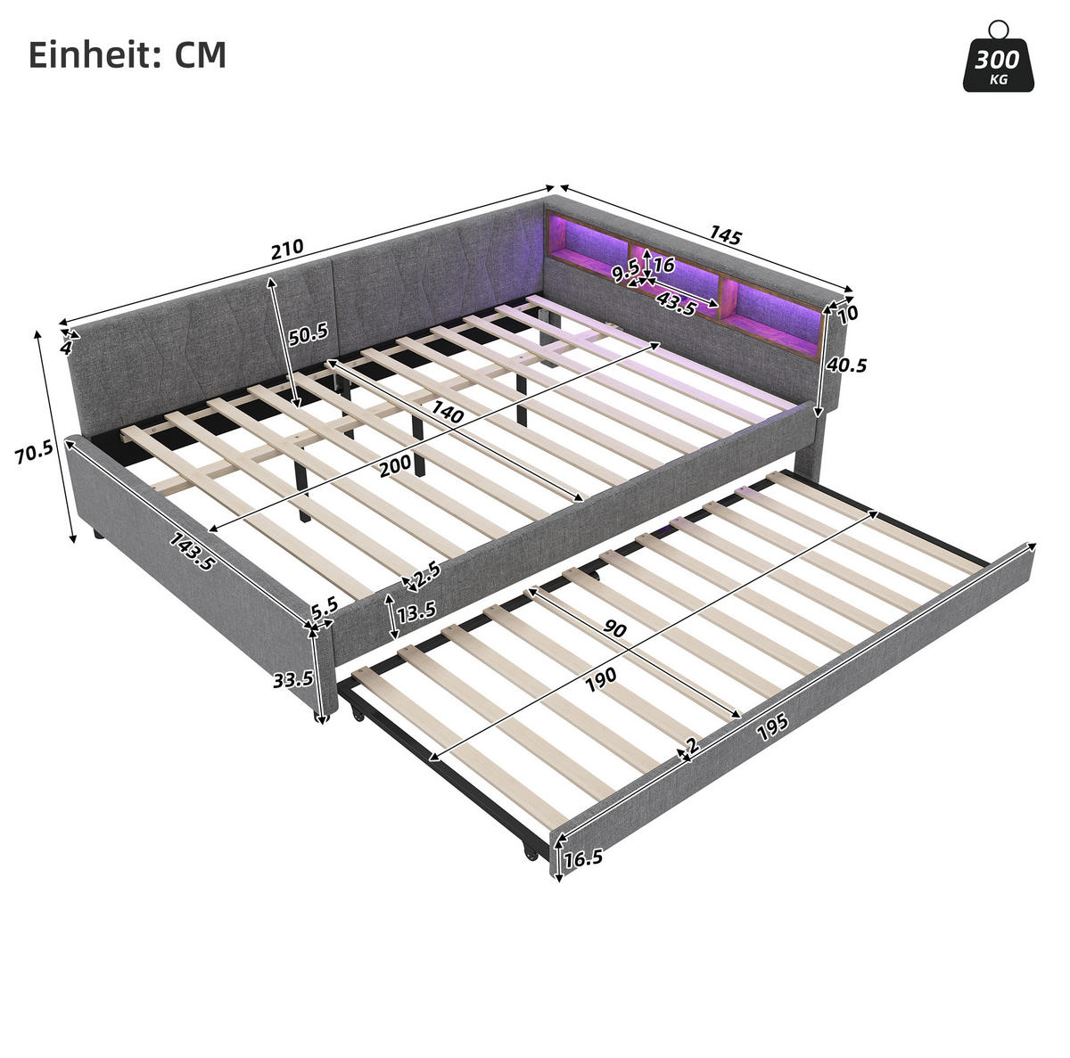 POLSTERBETT 140/200 cm grau aus Leinen mit Ausziehbett und USB - Grau, Textil (140/200cm) - OKWISH