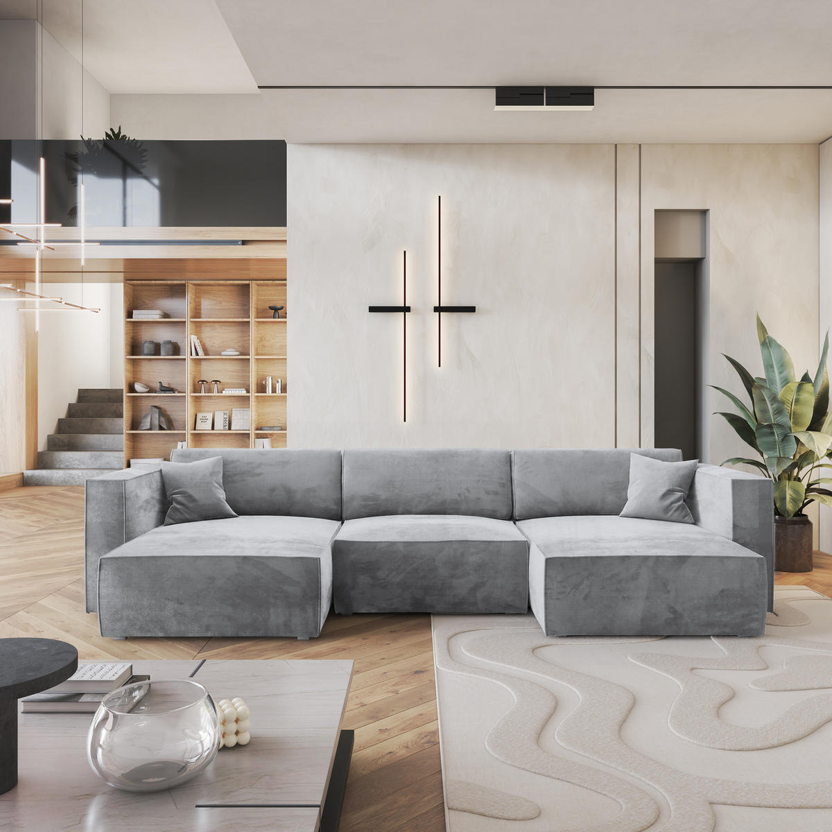 ROHOVÁ SEDAČKA SARMO světle šedá - šedá/světle šedá, dřevo/textil (347/148cm) - MASSENO