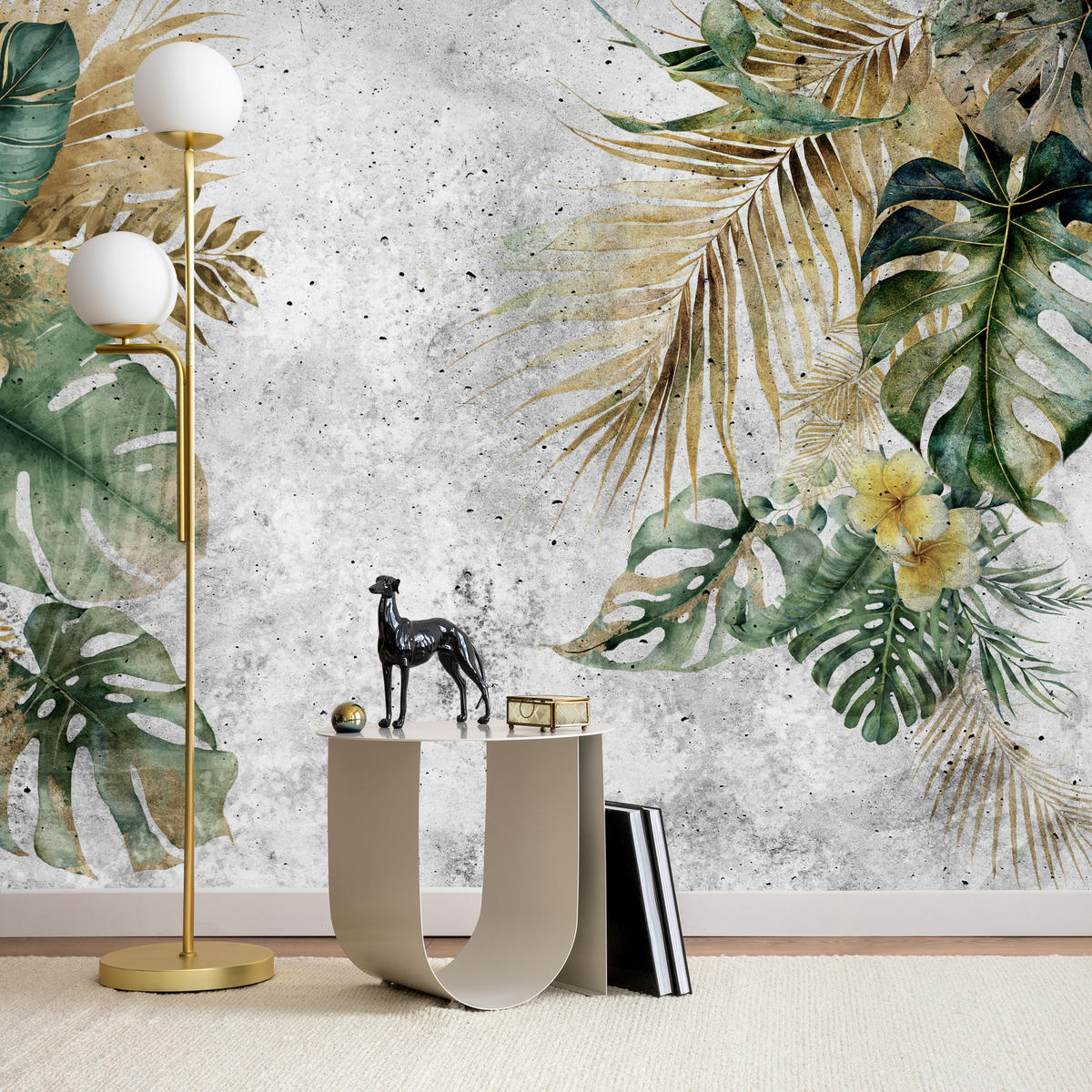 FOTOTAPETE für Wohnzimmer Tropische Blätter Blumen auf Grauer Beton 150x105 - Braun/Grau, Papier (150/105cm) - Muralo