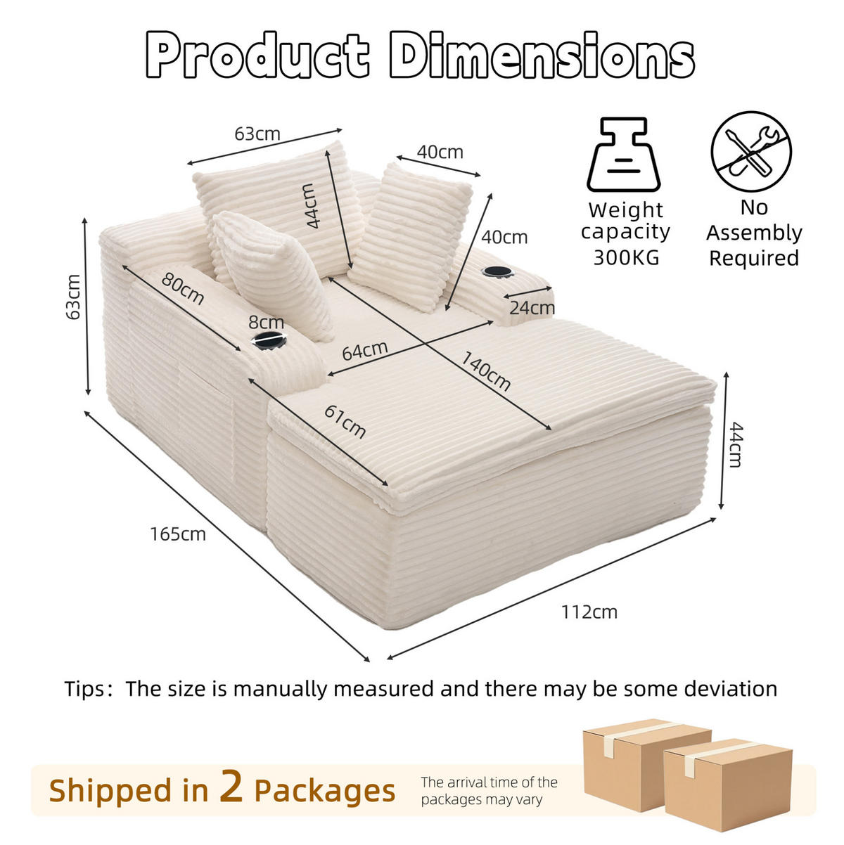 SOFA mit Schlaffunktion, Chaise Lounge, 3 Kissen, Beige, Cordstoff - Beige, Kunststoff (112/63/165cm) - Meubliv