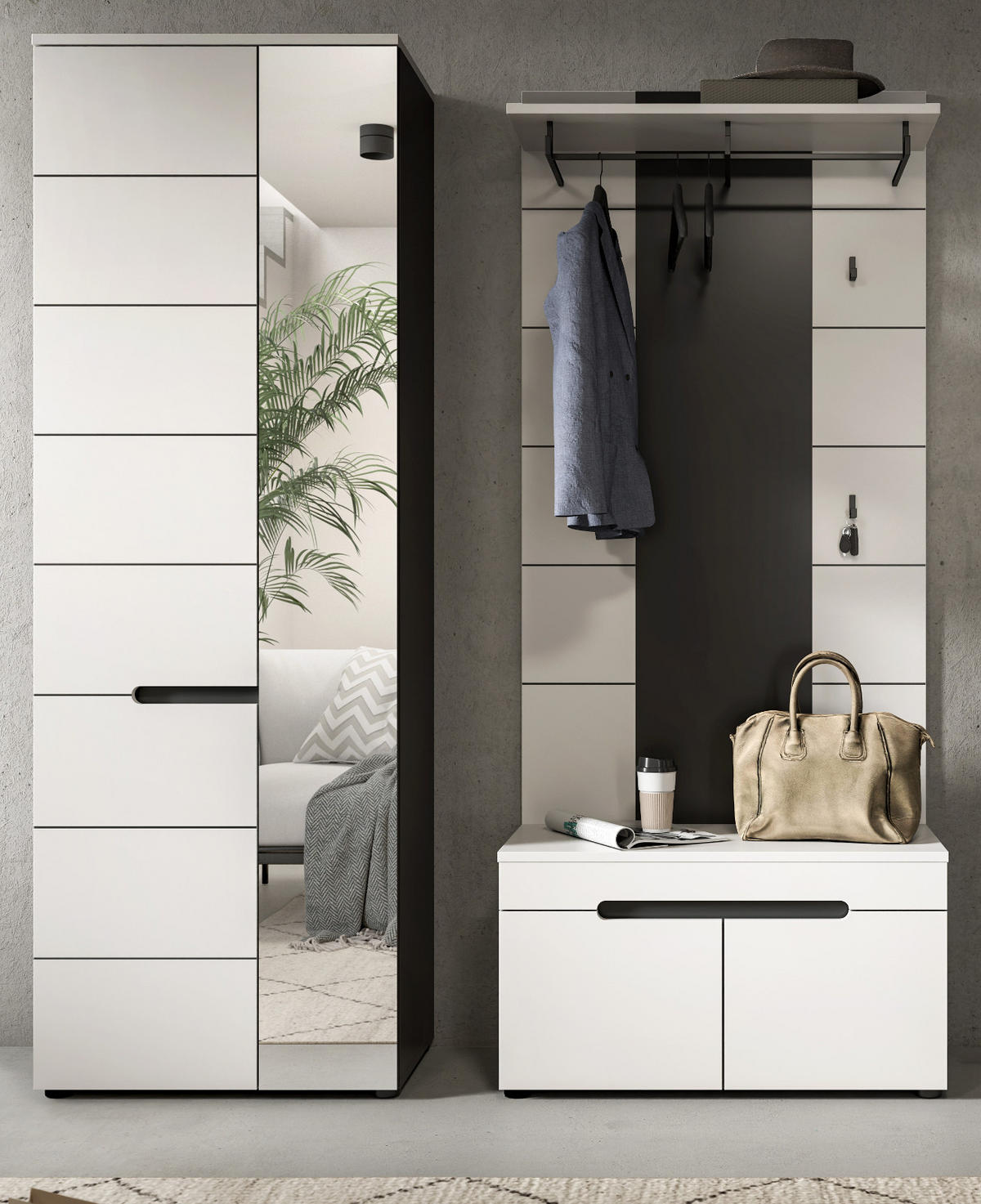 GARDEROBEN-SET 3-teilig in weiß, grau 160 cm, Kombination mit Soft-Close, Cooper - Schwarz/Weiß, Glas/Holzwerkstoff (160/190/37cm) - Inn.Furn