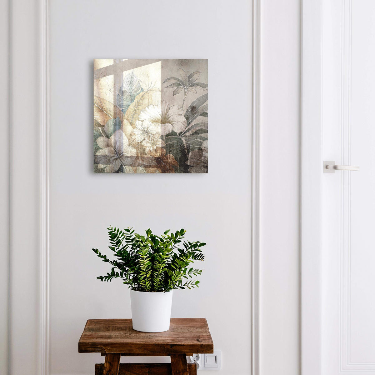 SCHLÜSSELBOX Weiß 30x30 cm – Türöffnung nach rechts - Blumen Natur - Beige, Metall (30/30/5cm) - TULUP