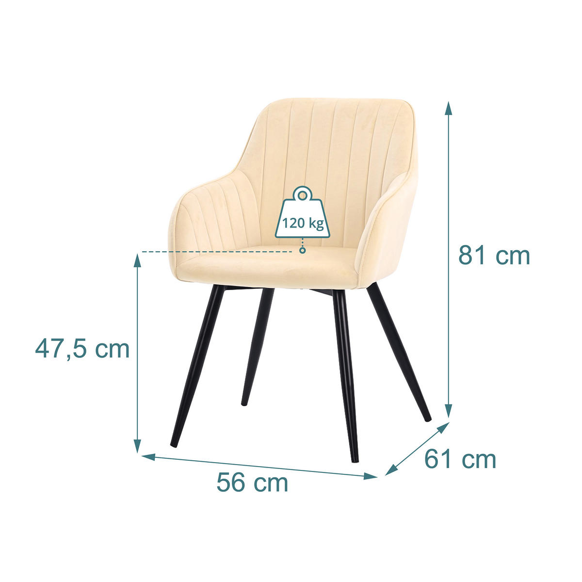 STOL Beige matstol 2-pack sammet metall - Beige, Trä/Textil (56/81/61cm) - Relaxdays