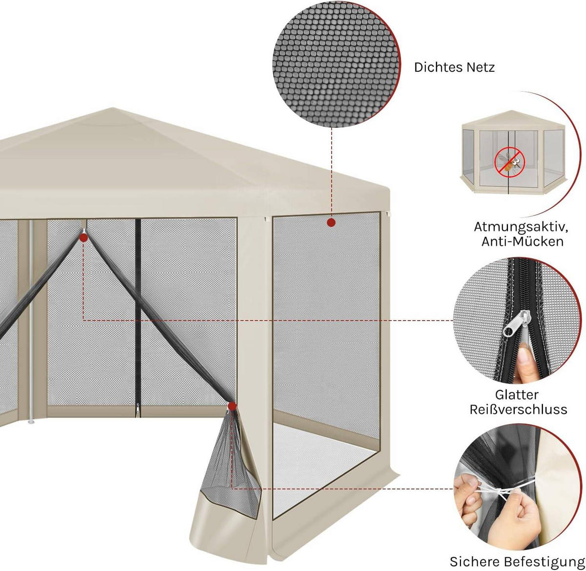 PAVILLON 3,8x3,3 m seckeckig, Gartenpavillon mit Seitenwänden Moskitonetz - Beige, Metall (380/250/330cm) - Woltu