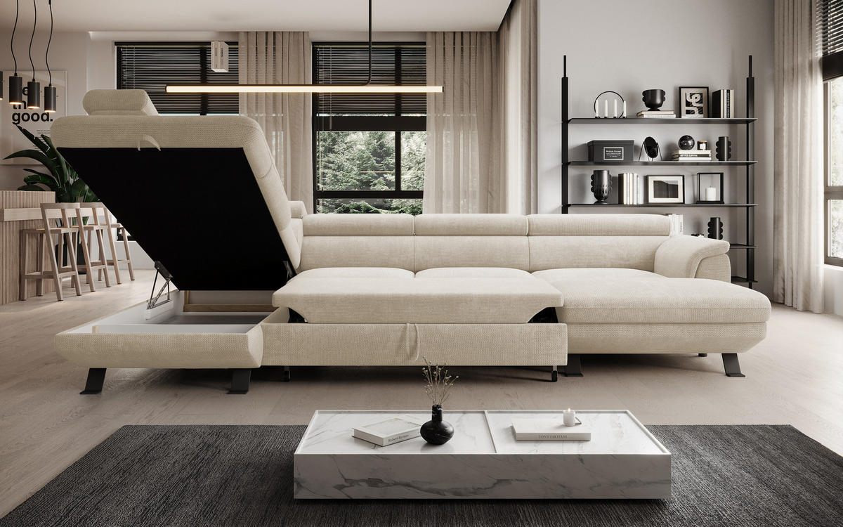ECKSCHLAFSOFA Raven XL, Verstellbaren Kopfstützen, Bettkasten, Großes Sofa 334x198x162cm Linke, Perle - Perlmutt, Holz/Textil (198/334cm) - DomoHome