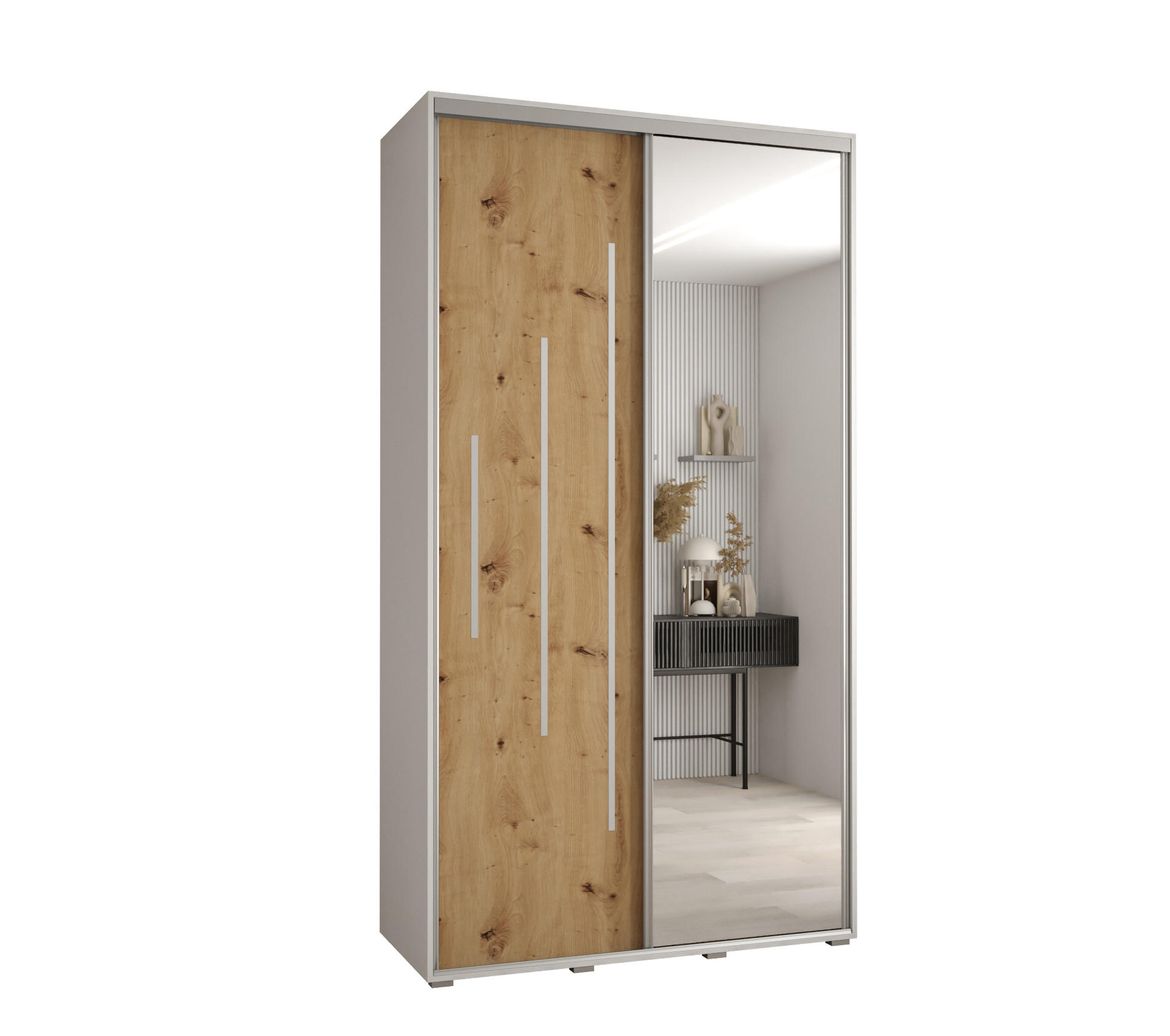 Abiks Möbel SCHWEBETÜRENSCHRANK Weiß, Eiche Artisan, Silber 130cm × 60cm × 235cm
