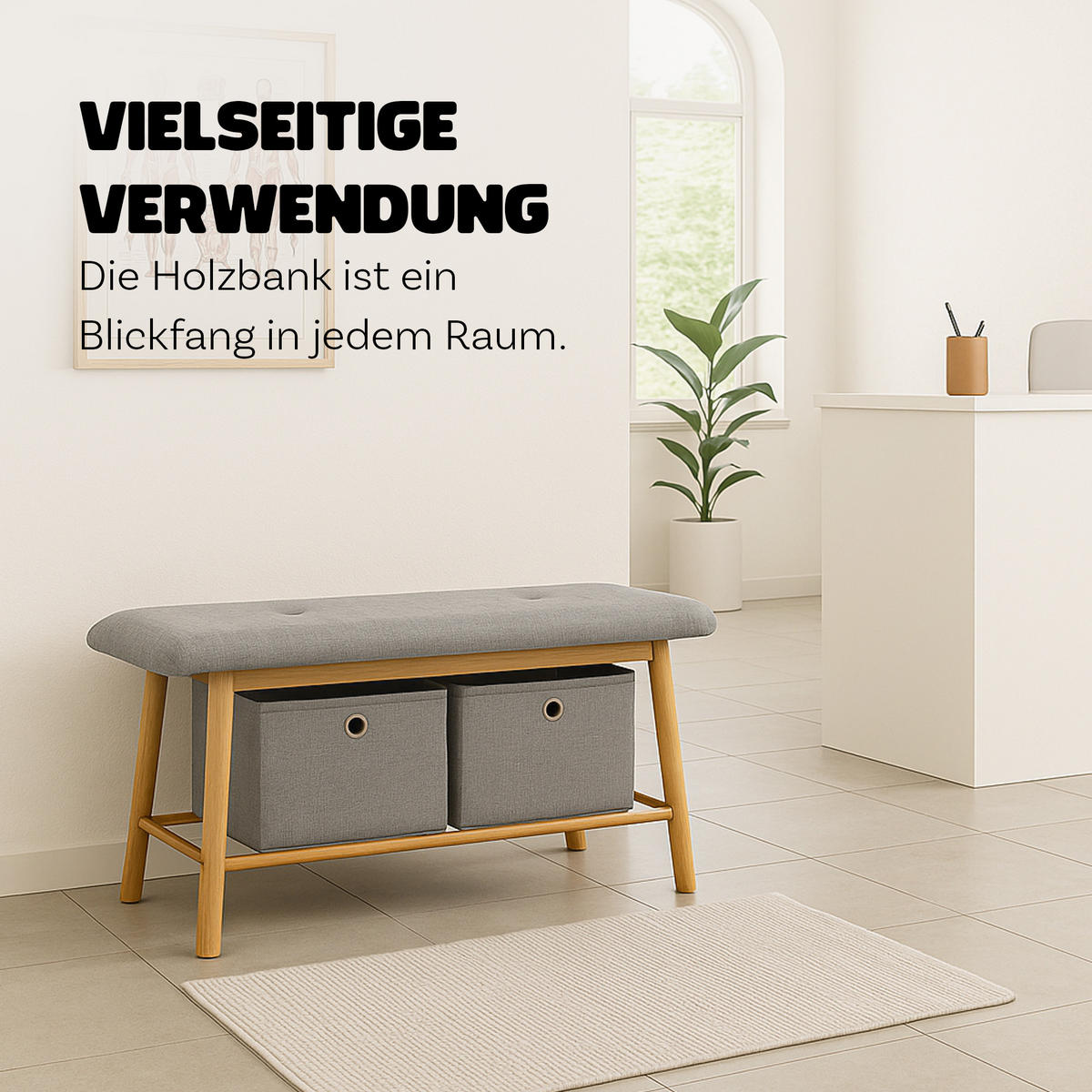 SCHUHBANK Bambus 90x34x45cm mit 2 Körben - Hellbraun/Grau, Bambusholz/Textil (34/45/90cm)