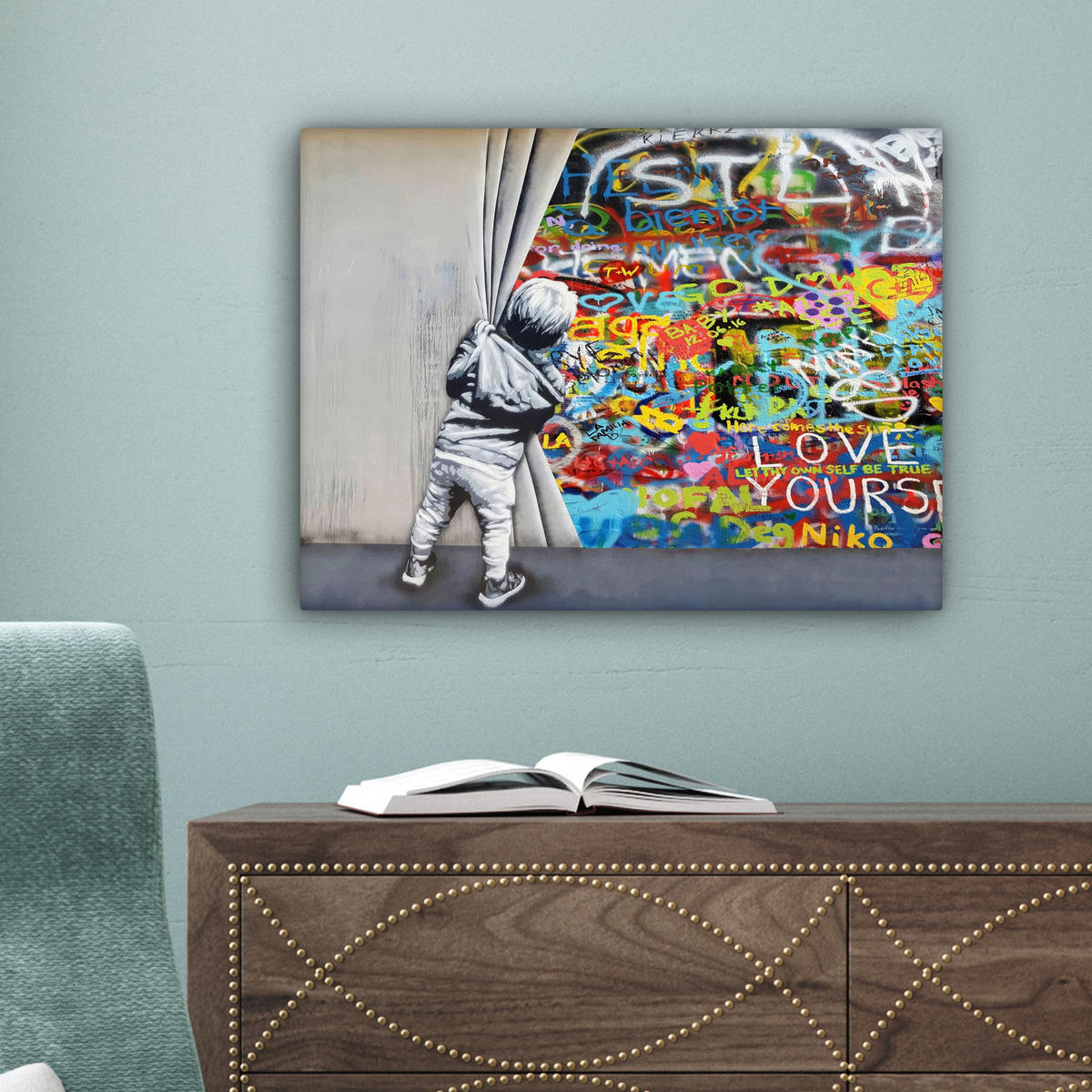 LEINWANDBILD Graffiti - Junge - Ilussie - Straßenkunst Wandbild 40x30 cm - Hellgrau, Textil (40/30cm) - MuchoWow